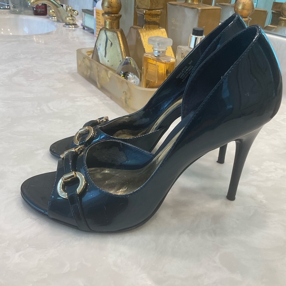 Carlos Navy Peep Toe Pumps with Gold Bit Details, Size 8 - Picture 8 of 12